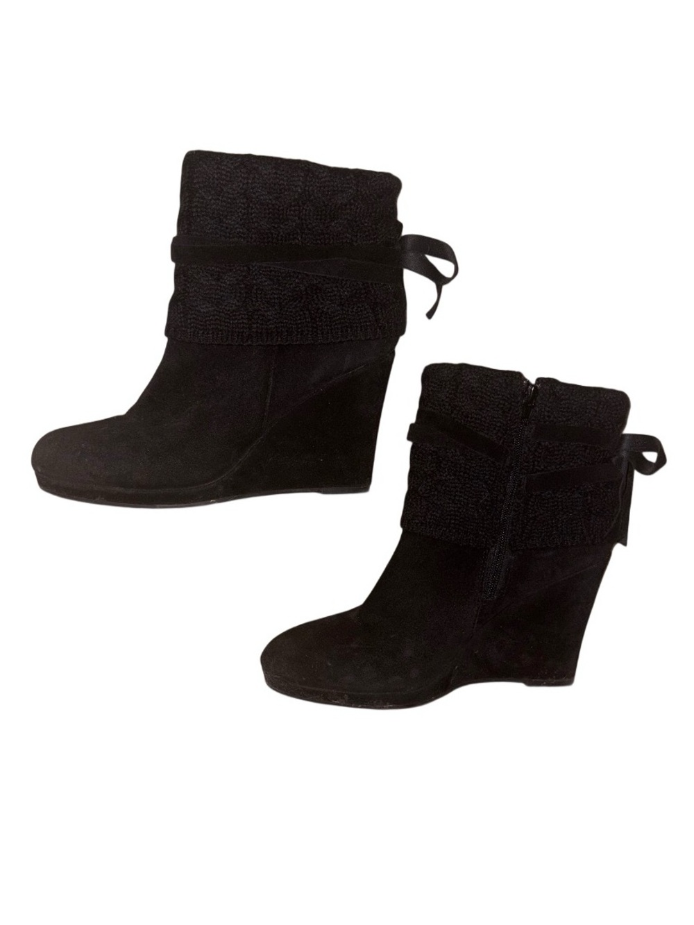 Black Suede Wedge Ankle Boots with Knit Cuff